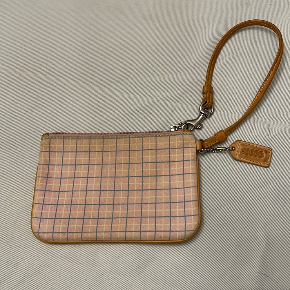 Coach wristlet wallet, pink, blue pattern, tan leather accent